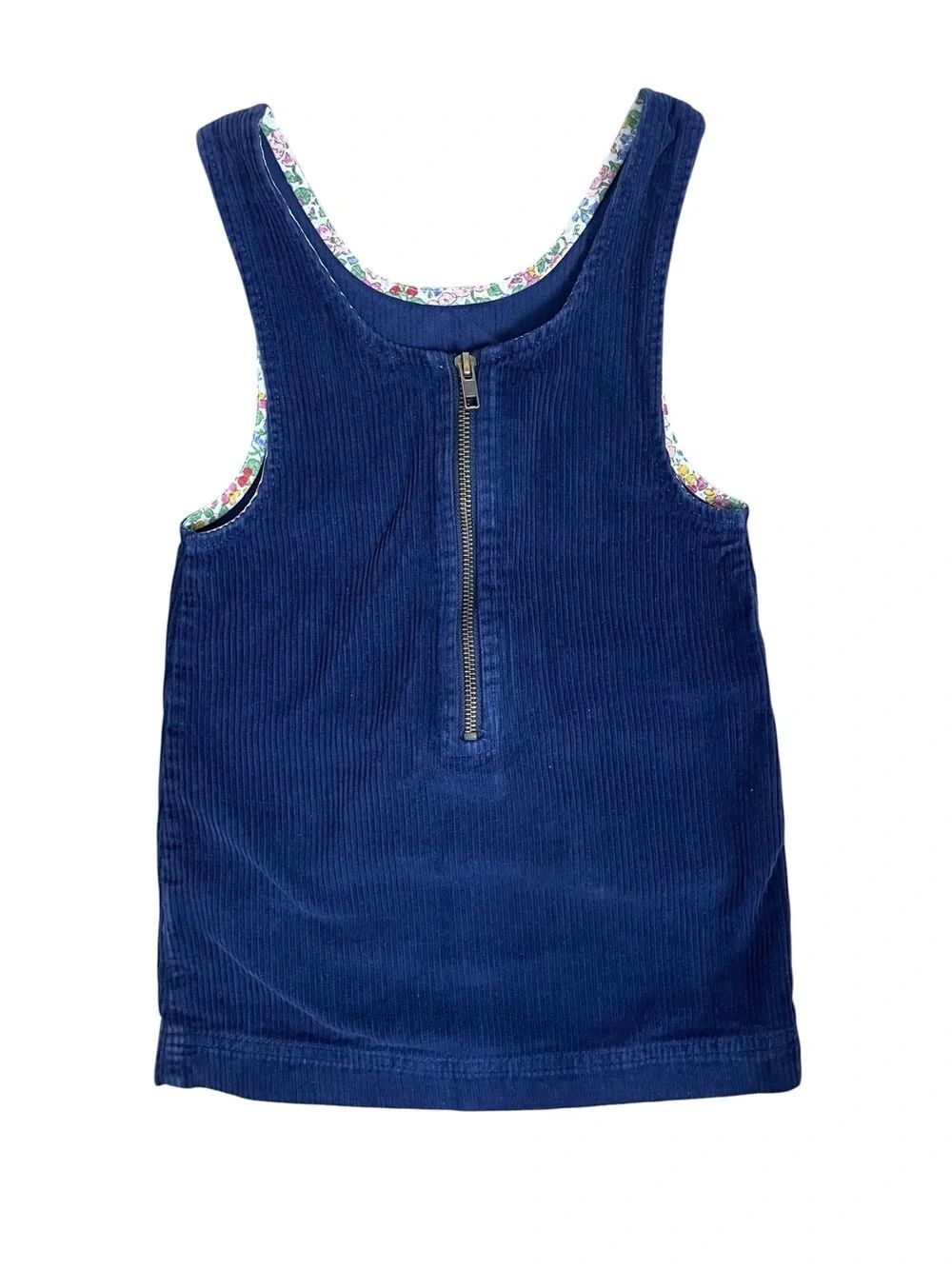 Mini Boden Navy Blue Corduroy Jumper Dress Ruffle Pockets Floral Trim Size 3-4Y